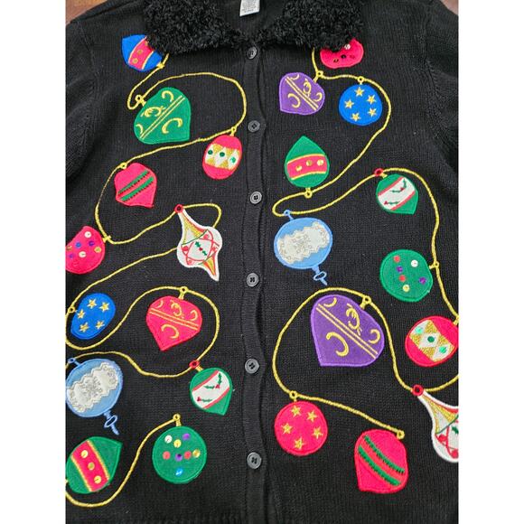 Vintage Investments Christmas Sweater Cardigan Black Ornaments Embroidered M - Picture 3 of 6